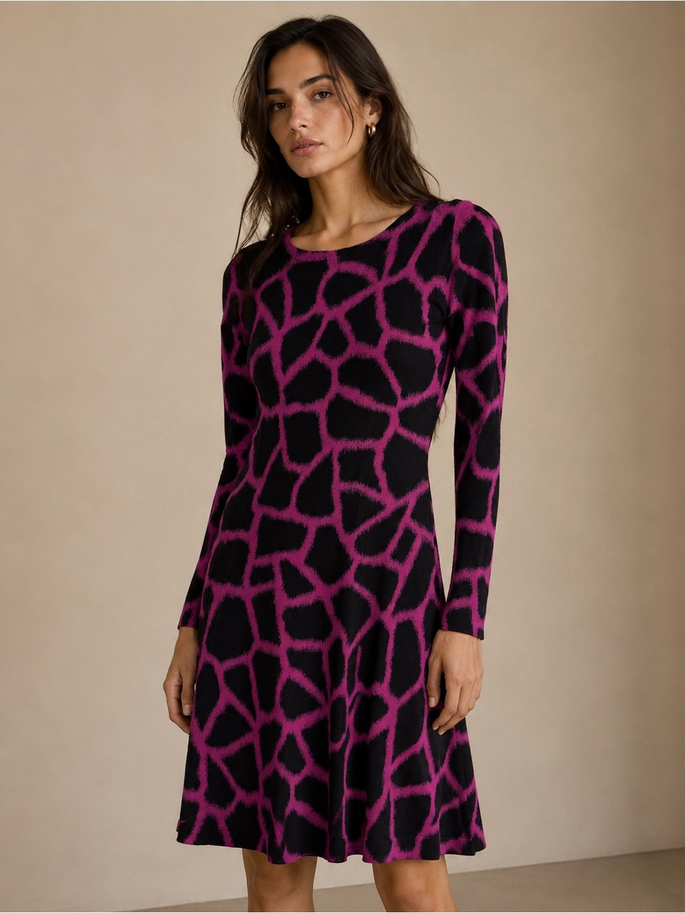 Michael Kors Long Sleeve Black and Purple Patterned Sweater Dress Size Small